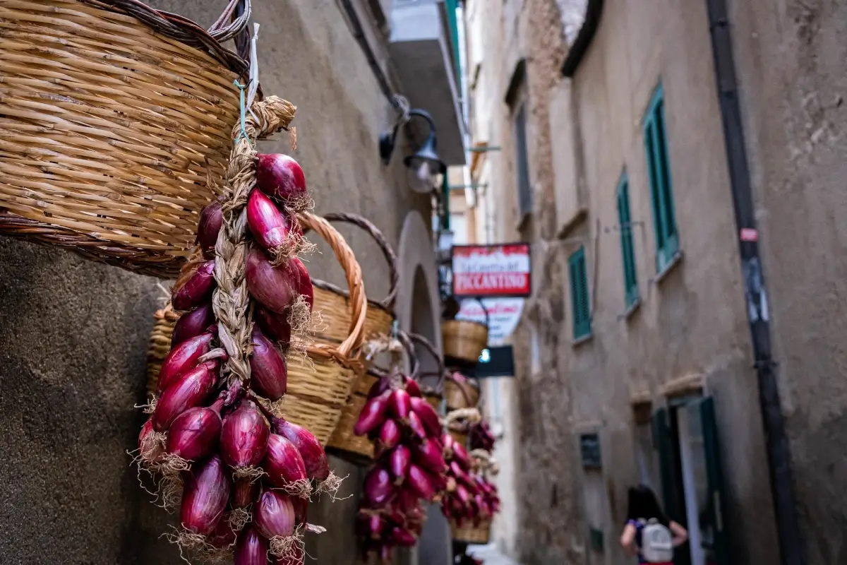 Tropea red onions on a street stall in Calabria, Italy