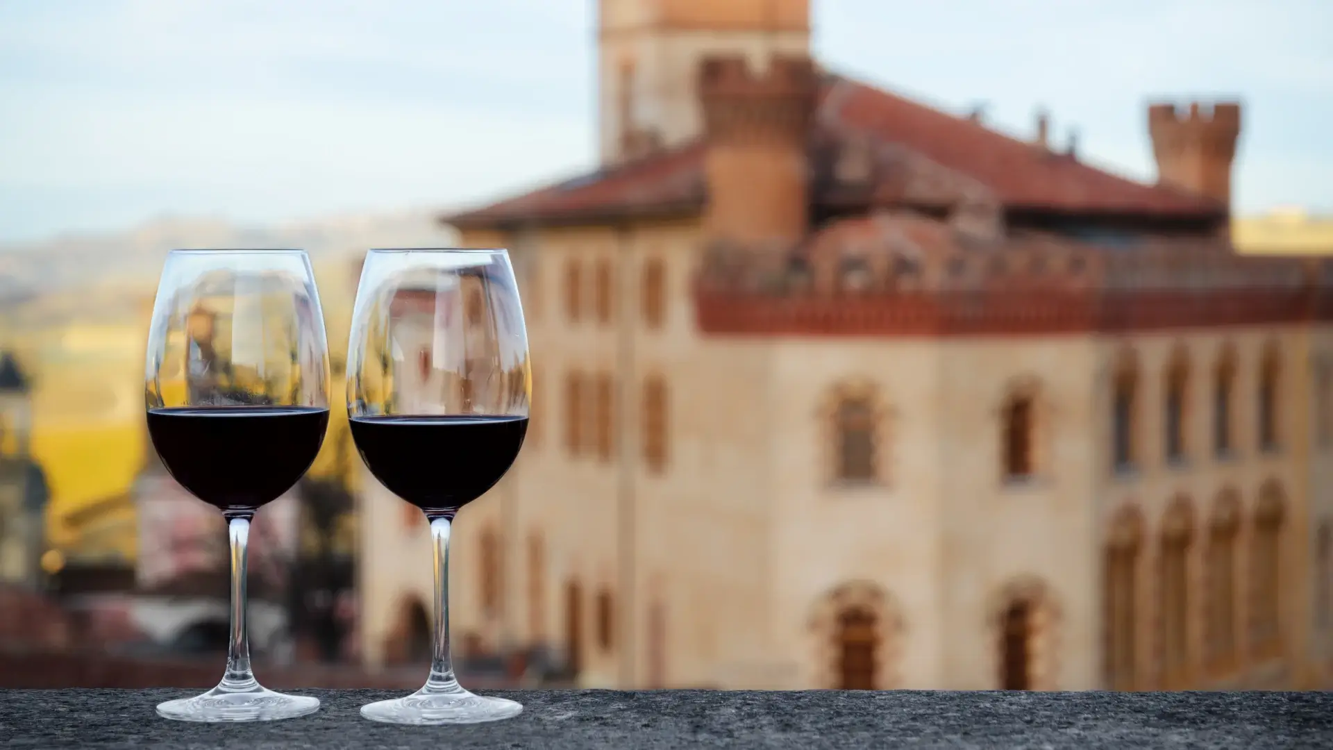 Barolo castle above the village and wine hills of Piedmont, Italy