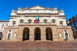 Facade of Teatro alla Scala, the historic opera house in Milan, Lombardy, Italy