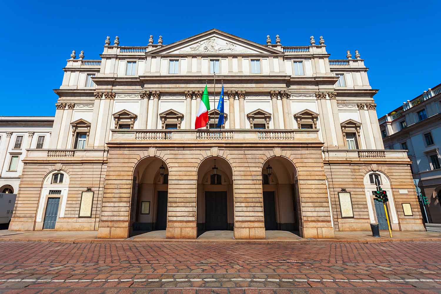 Facade of Teatro alla Scala, the historic opera house in Milan, Lombardy, Italy