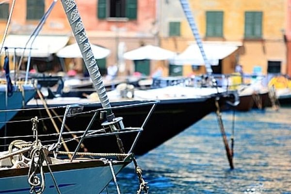 A yacht at the dock in the harbor at Portofino, Liguria