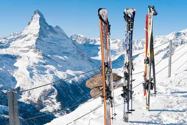Skiing below Mount Cervino at Cervinia, Aosta Valley, Italy