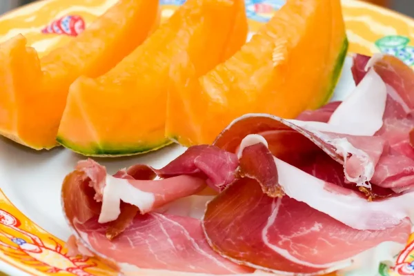 Prosciutto and melon plated in Parma, Emilia Romagna, Italy