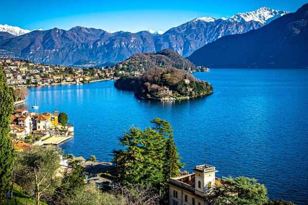 Towns and terraced shoreline along Lake Como in Lombardy