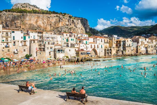 Beach and old town panorama of Cefalu, Sicily, Italy